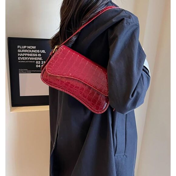 Women Patent Red Imported Casual Leather Waterproof Lightweight Hobo Handbag - Picture 3 of 4